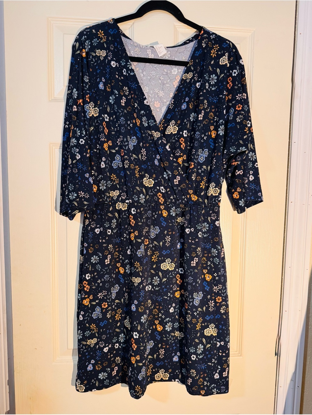 H&M Navy Floral Faux-Wrap Midi Dress Large
